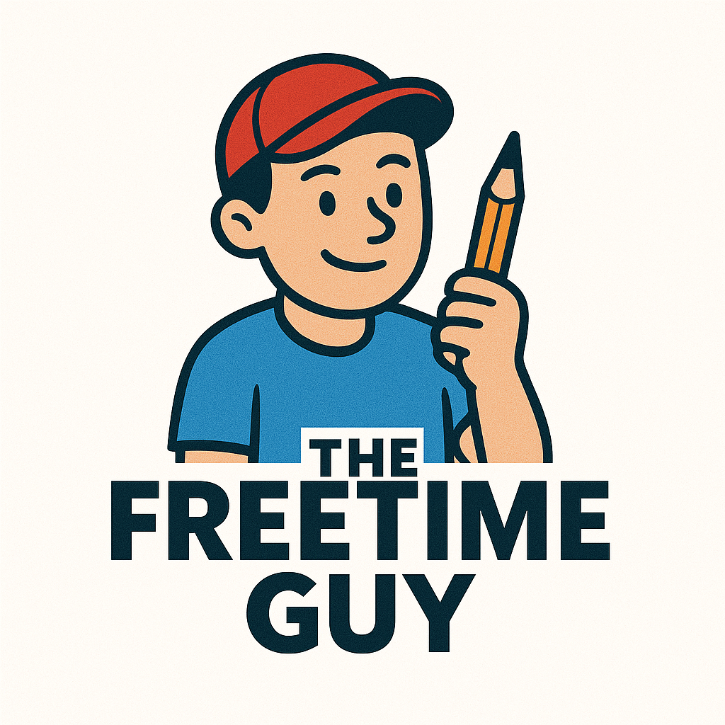 Logo van The Freetime Guy met illustratie van man met pet en potlood